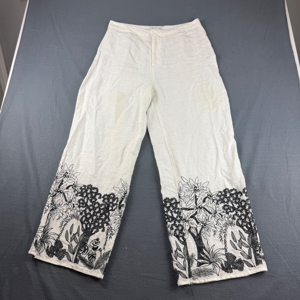 Calypso St Barth Pants Women's 10 White Linen Embroidered Floral Wide Leg Boho